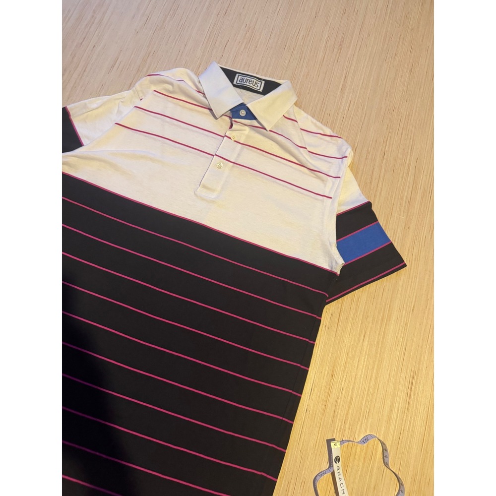 Vintage Aureus Mens XL Polo Shirt Colorblock Striped Pink Blue Single Stitch 44